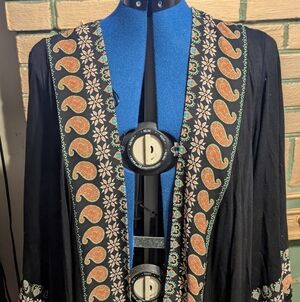 W5 Black Boho Open Front Kimono Cardigan Paisley Trim Tassel Sleeves Plus Size2X